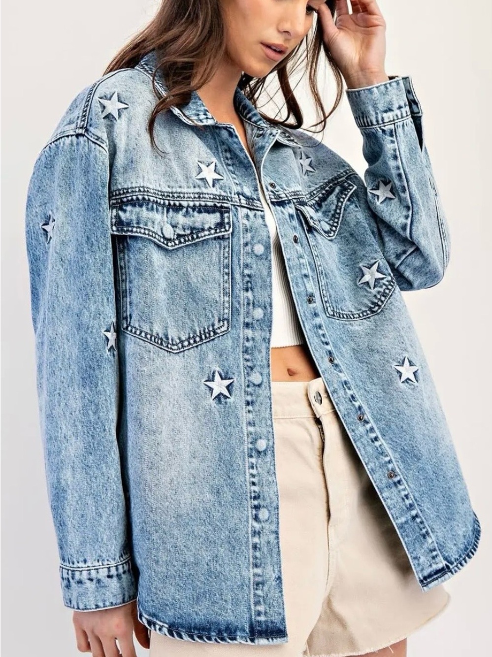 Eesome Los Angeles Light Blue Star-Embellished Denim Shacket